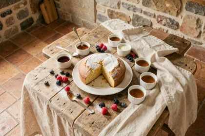 Gâteau aux œufs moelleux servi en tranches sur une table de brunch rustique avec sirop d'érable et fruits rouges