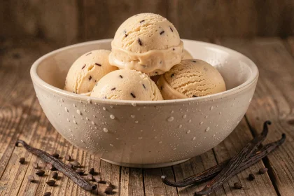 Glace maison à la vanille bourbon servie dans un bol en céramique avec des graines de vanille visibles