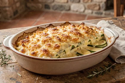 Gratin de courgettes doré et fondant dans un plat en céramique rustique sorti du four, posé sur une table en bois de cuisine campagnarde