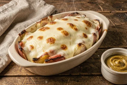 Gratin d'endives au jambon recouvert d'une béchamel dorée et fondante, sorti du four dans un plat ovale sur une table en bois rustique