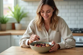 Femme grignotant un mélange de noix et de fruits secs dans une cuisine moderne, collation saine et équilibrée