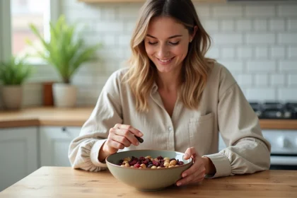 Femme grignotant un mélange de noix et de fruits secs dans une cuisine moderne, collation saine et équilibrée