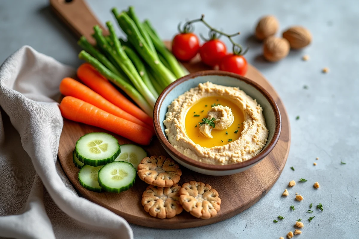 Plateau de collations saines avec houmous, légumes frais, crackers et noix sur une surface en pierre, idées de grignotage équilibré