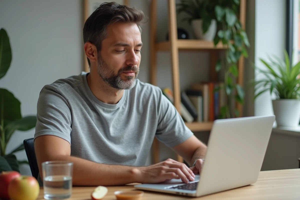 Homme mangeant des tranches de pomme avec du beurre d'amande à son bureau, snack sain pendant une pause travail