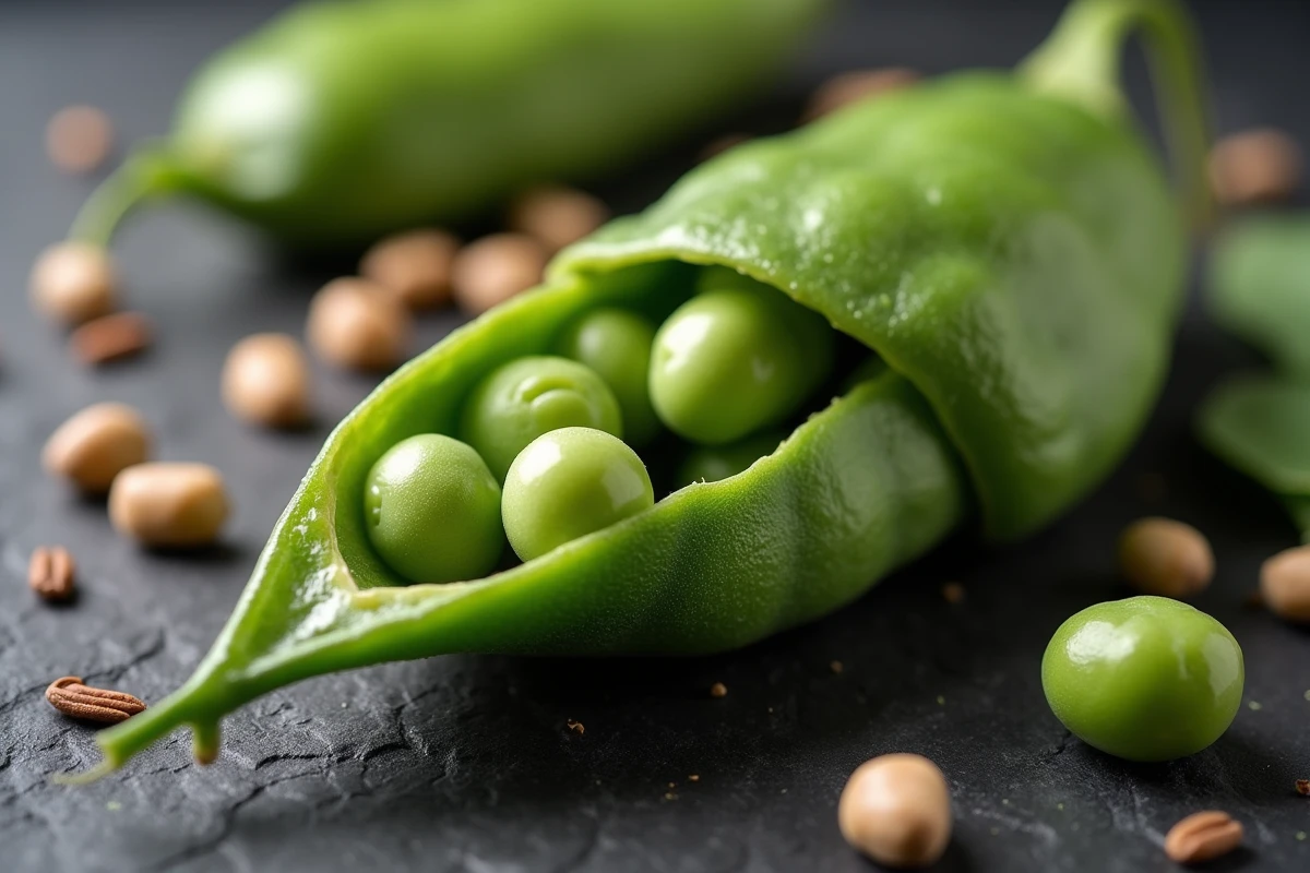 Gros plan macro sur des edamames ouverts, pois chiches et lentilles sur ardoise, légumes protéinés