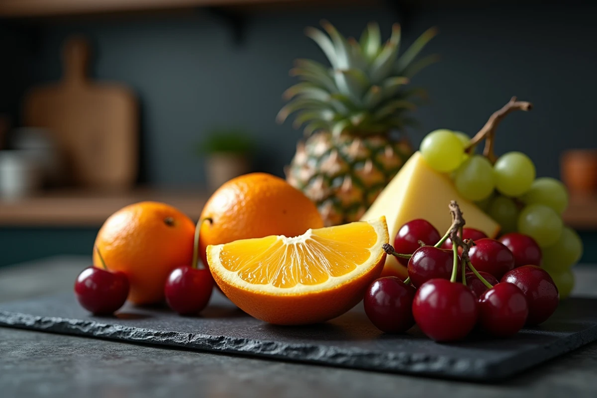 Gros plan sur des fruits comme orange, cerises et ananas disposés sur une ardoise sombre, fruits à limiter le soir