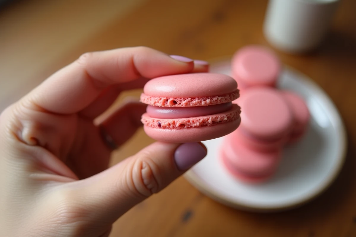 Gros plan d'un macaron à la framboise tenu entre les doigts révélant sa garniture crémeuse et ses coques dorées parfaites