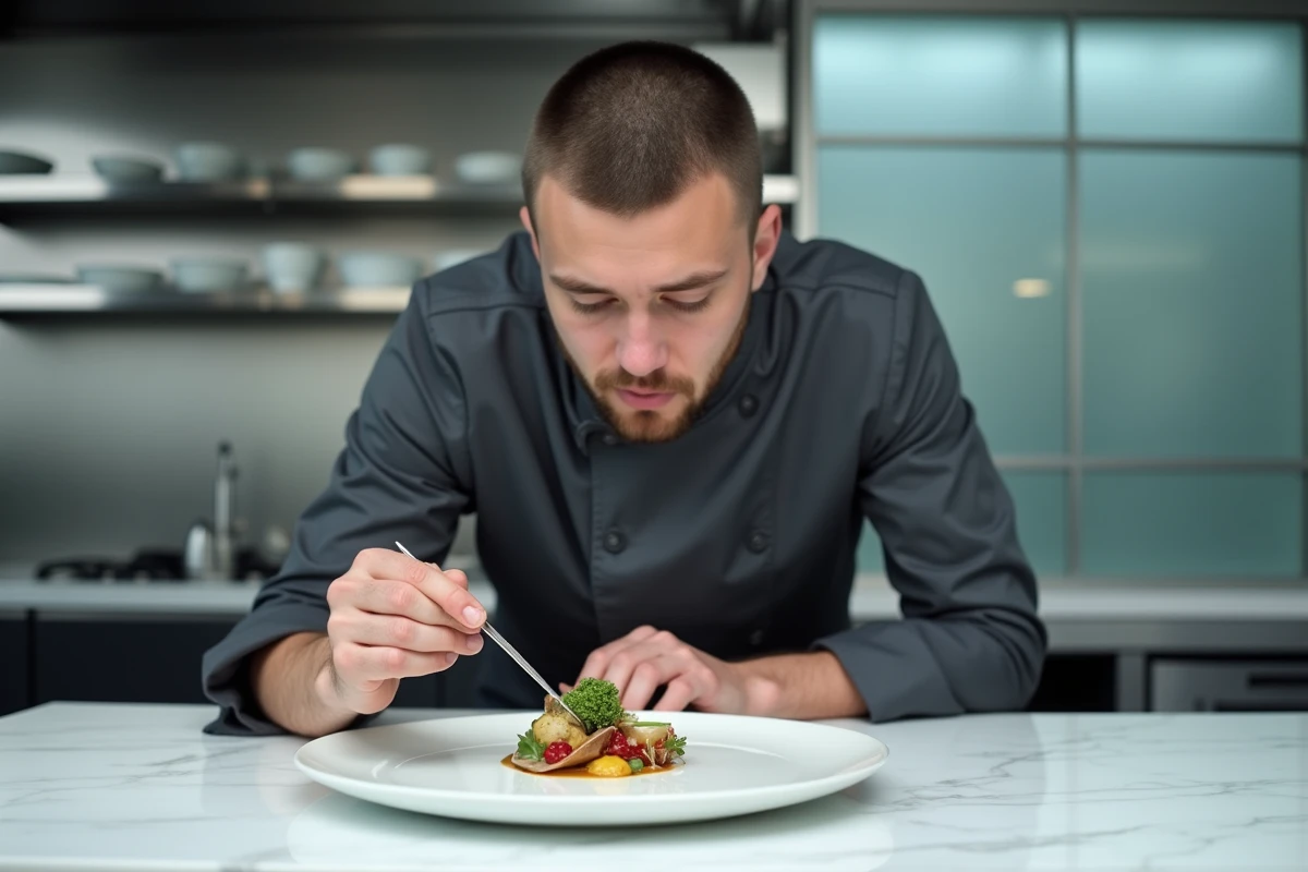 Jeune chef Guillaume Stile en veste grise concentré sur le dressage d'un plat avant-gardiste dans une cuisine contemporaine minimaliste