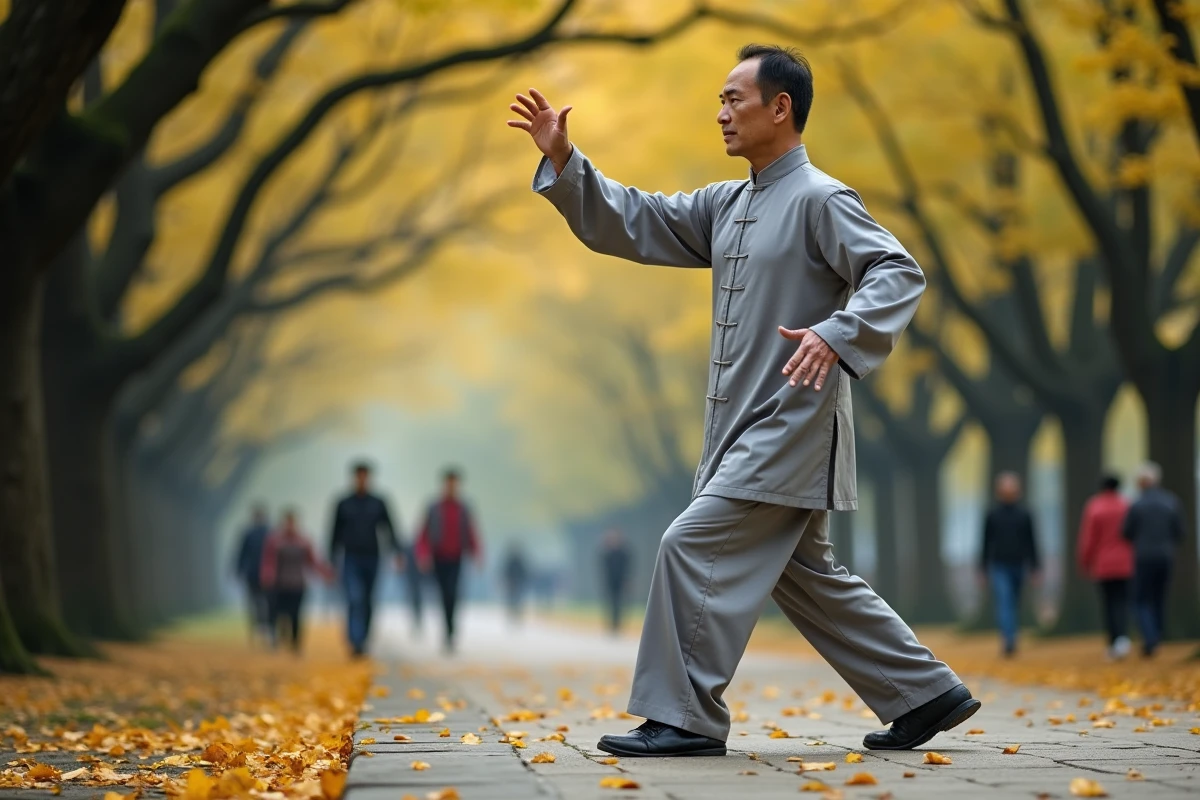 Homme chinois pratiquant le tai chi dans un parc de Shanghai entouré de ginkgos dorés