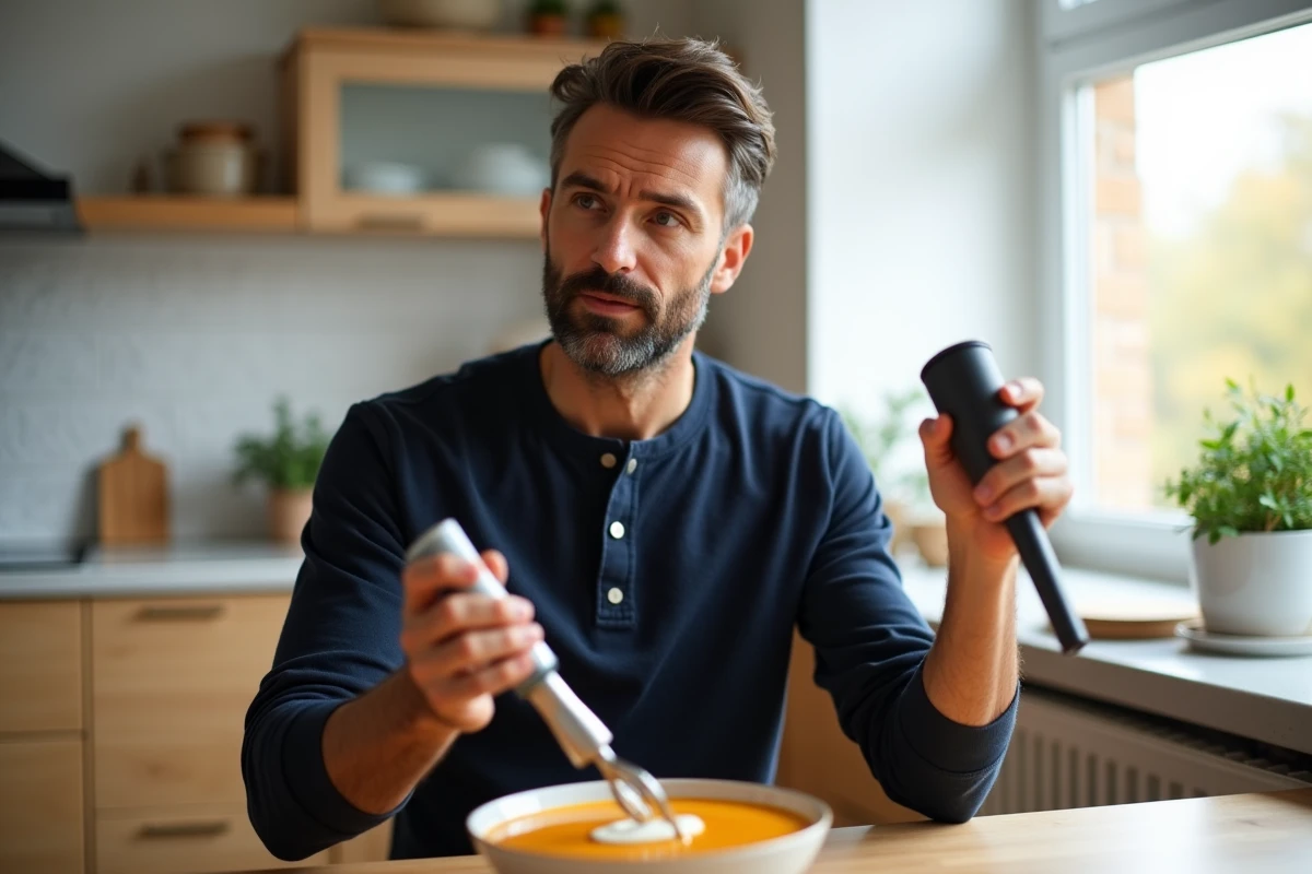 Homme comparant un mixeur plongeant et un bol de soupe de potiron dans une cuisine scandinave