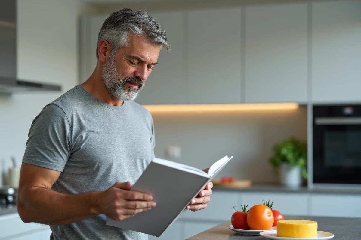 Homme consultant un guide nutritionnel en tenant une portion de fromage, illustrant la réflexion sur la quantité et le moment idéal pour manger du fromage