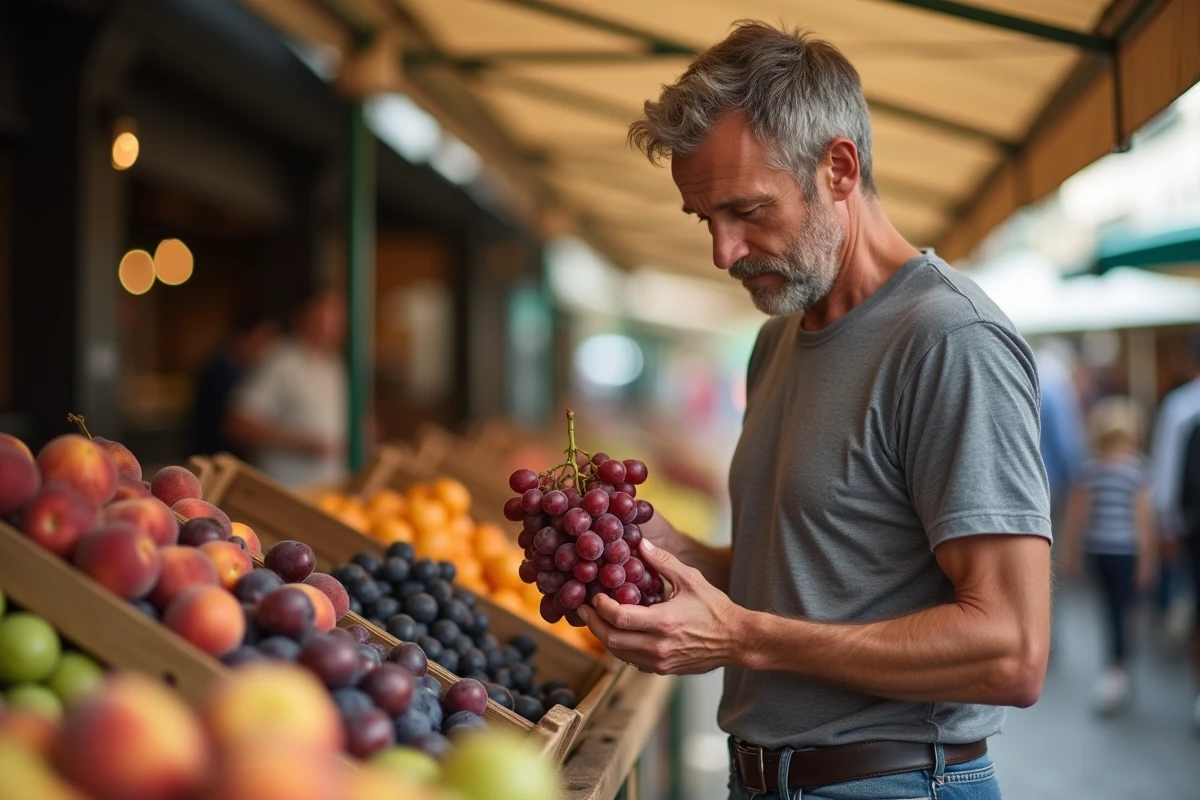 Homme examinant des raisins frais dans un marché en plein air, entouré de fruits de saison abondants pour une alimentation équilibrée