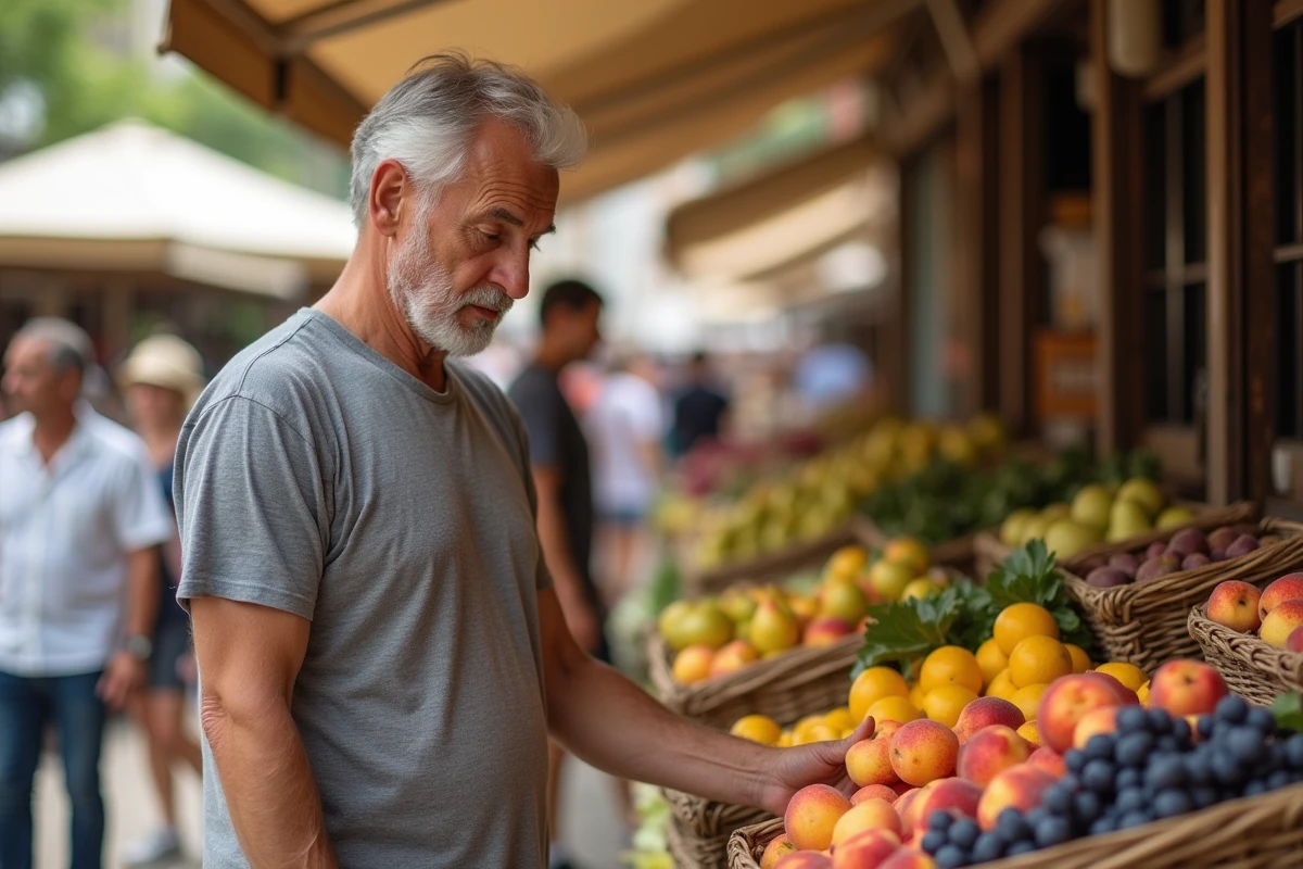 Homme d'âge moyen choisissant des fruits frais de saison sur un étal de marché en plein air avec des cagettes en bois remplies de poires, pêches et raisins