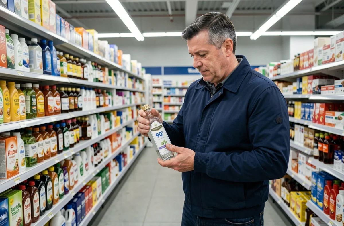 Homme lisant l'étiquette d'une bouteille d'alcool 90° dans le rayon d'une grande surface type Leclerc