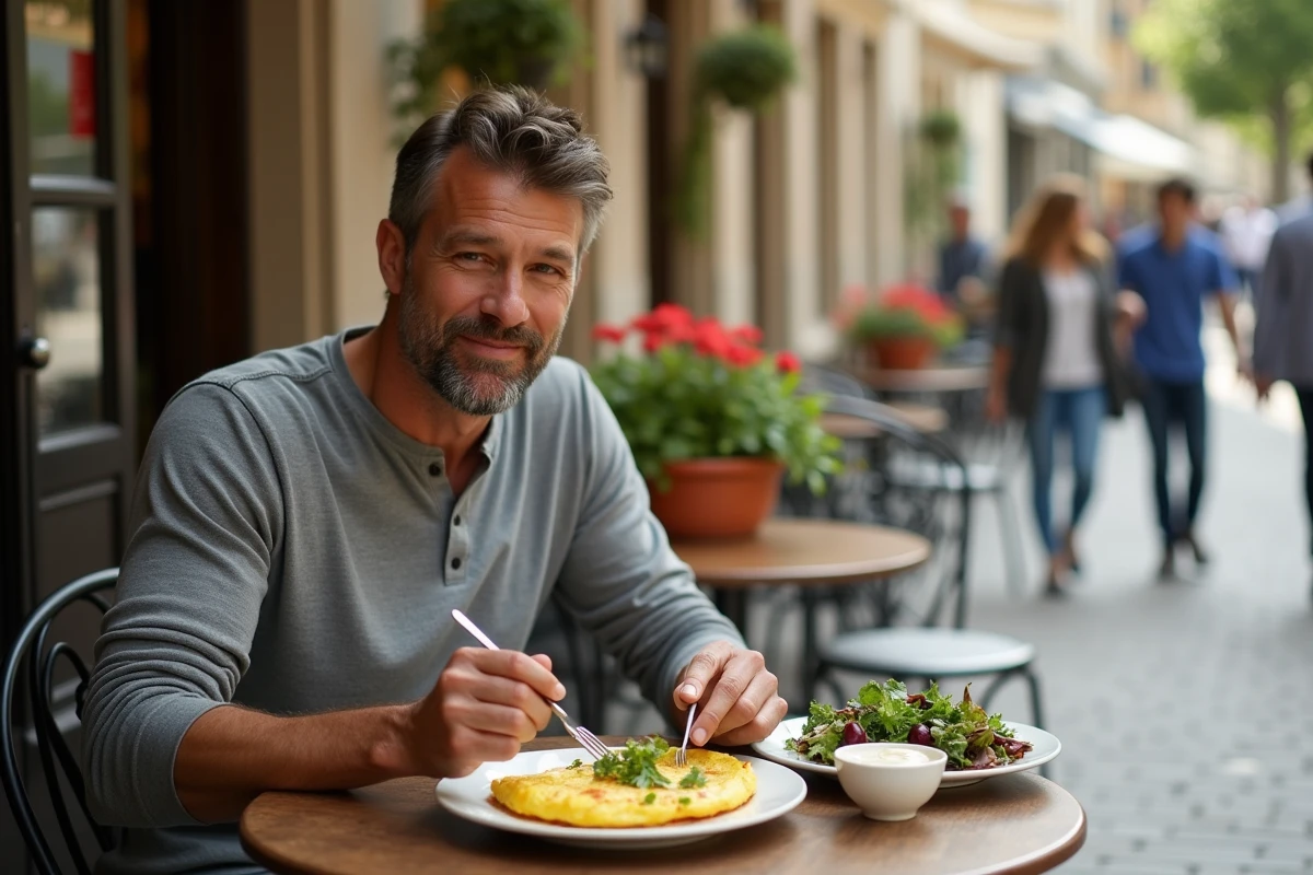 Homme dégustant un repas végétarien dans un café parisien en terrasse avec omelette aux herbes et salade fraîche