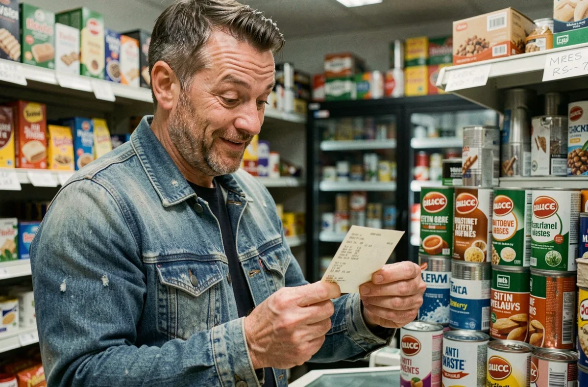 Homme souriant en regardant un petit ticket de caisse à la caisse d'un magasin anti-gaspi