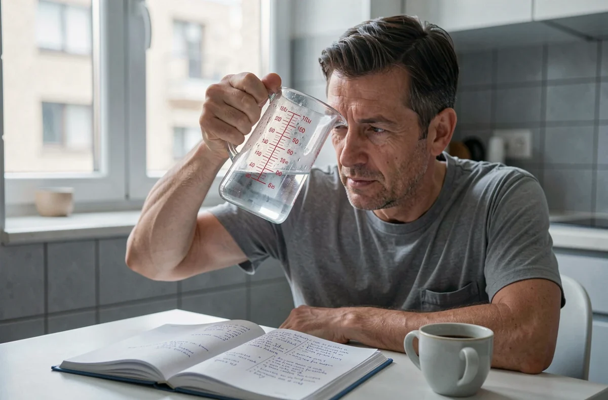 Homme tenant un verre doseur à hauteur des yeux pour lire les centilitres, avec un livre de recettes ouvert sur la table