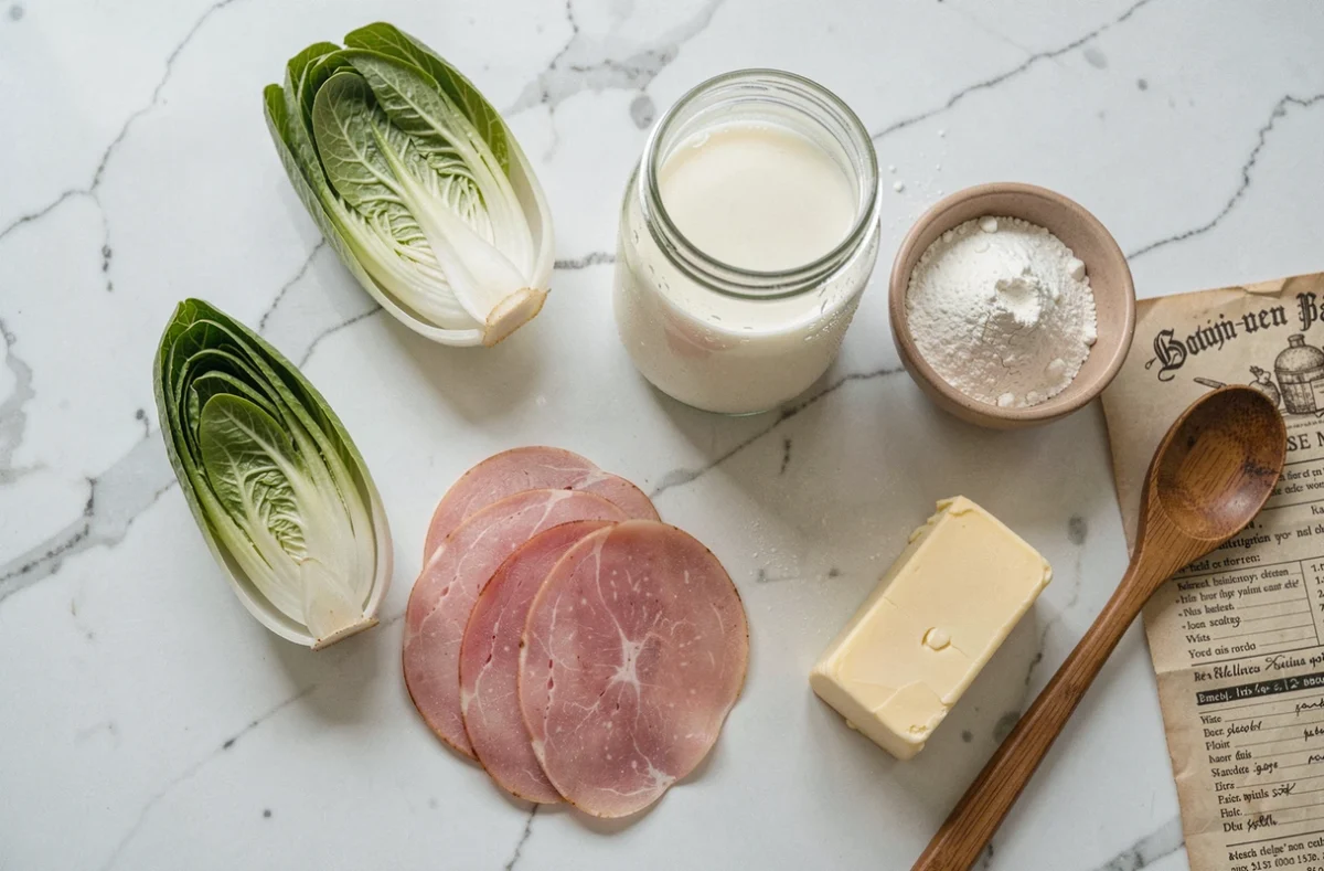 Mise en place des ingrédients pour les endives au jambon béchamel : endives crues, jambon, lait, farine et beurre sur un plan de travail en marbre blanc