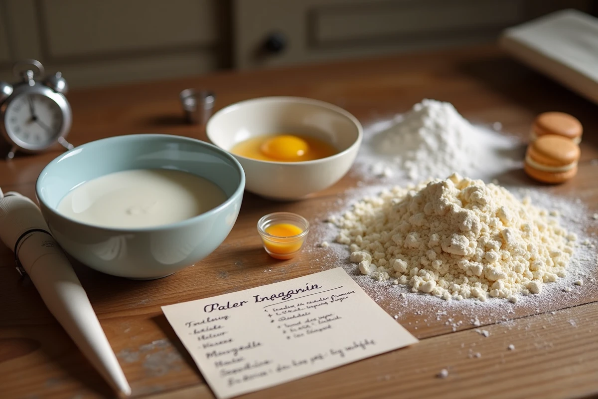 Mise en place des ingrédients pour réaliser des macarons traditionnels français sur une table en chêne avec une fiche recette manuscrite