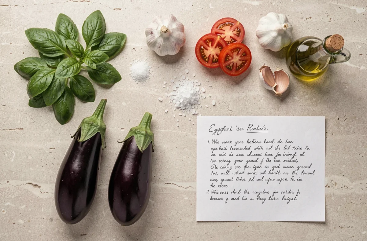 Vue de dessus des ingrédients d'une recette d'aubergines végétarienne sur une surface en pierre avec herbes et légumes frais