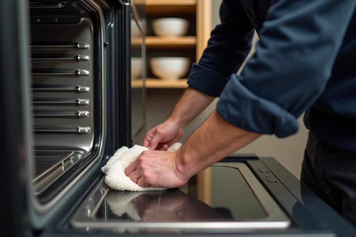Intérieur d'un four à vapeur ouvert montrant la cavité inox et la condensation après utilisation