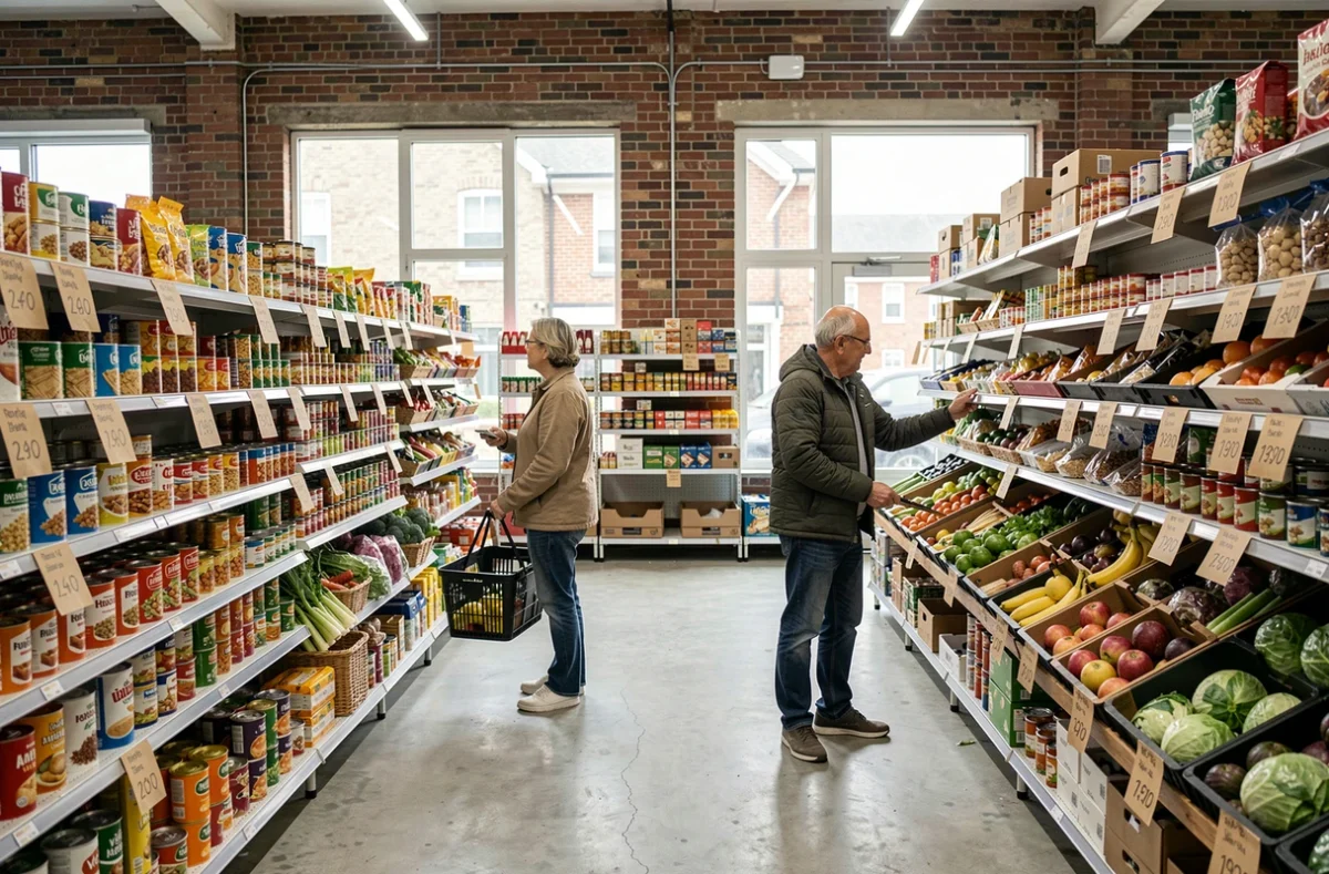 Vue intérieure d'un magasin anti-gaspi avec des rayons de produits à prix réduit et des clients qui font leurs courses