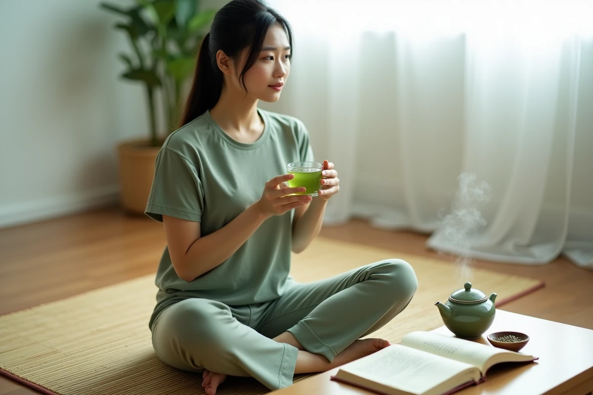 Jeune femme chinoise buvant du thé vert dans un appartement minimaliste, pratiquant la méditation et le bien-être
