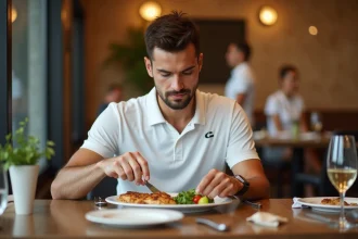 Joueur de tennis professionnel mangeant du poulet grillé dans un restaurant d'hôtel avant un match important