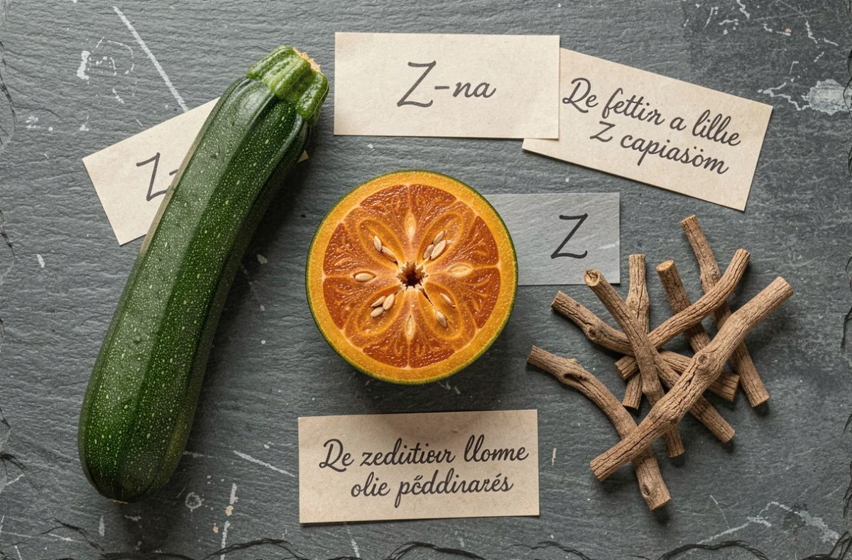 Vue du dessus de fruits et légumes exotiques en Z sur une ardoise avec étiquettes manuscrites en français