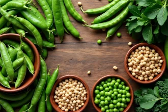 Assortiment de légumes riches en protéines disposés sur une table en bois de marché, vue de dessus