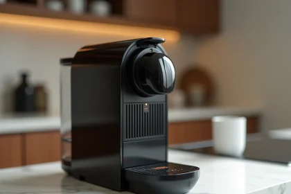 Machine Nespresso Magimix avec voyant lumineux orange allumé indiquant un besoin de détartrage sur un plan de travail blanc