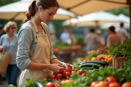 Femme arrangeant des légumes de saison sur un étal de marché fermier local, illustrant la durabilité de l'alimentation locale