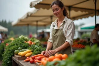 Femme vendant des légumes biologiques de saison sur un marché en plein air, symbolisant une alimentation durable et locale