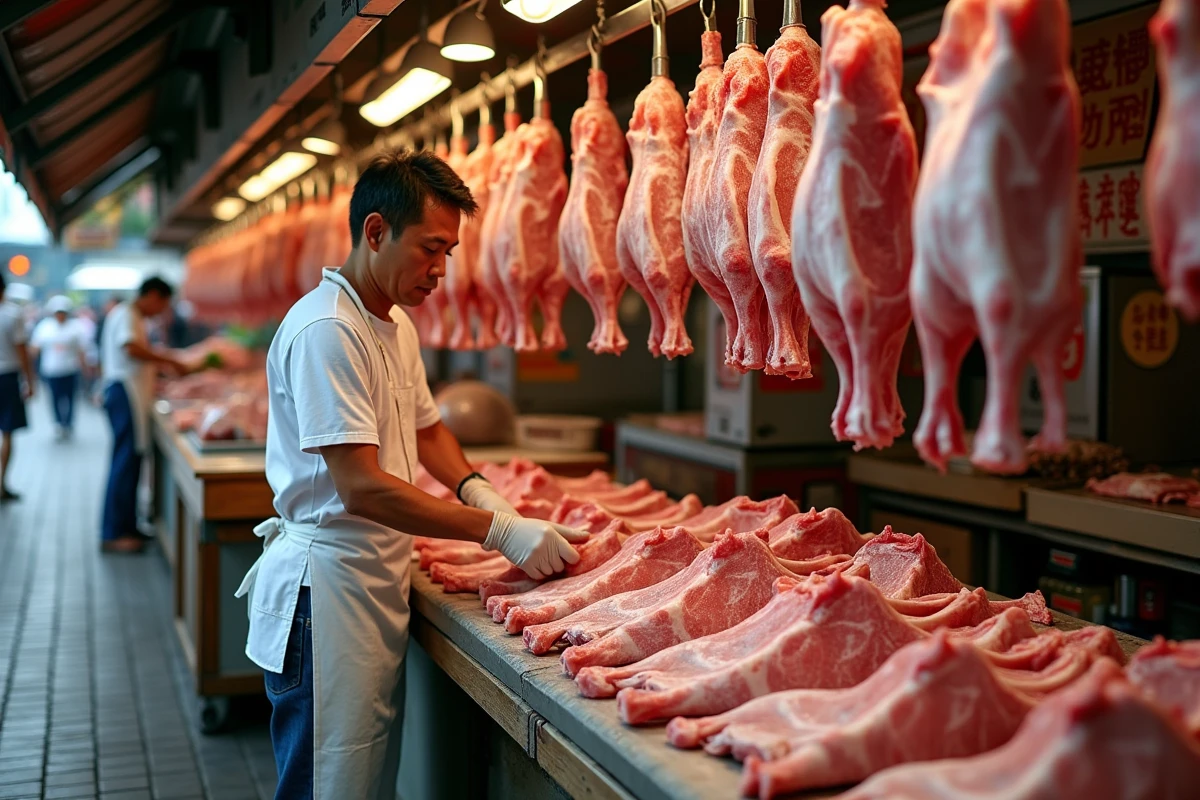 Étal de marché traditionnel chinois avec des découpes de porc fraîches suspendues, vendeur en tablier blanc dans un marché couvert animé