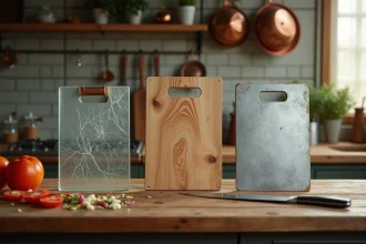 Trois planches à découper en verre, plastique et métal posées sur un plan de travail de cuisine, illustrant les matériaux inadaptés à la découpe
