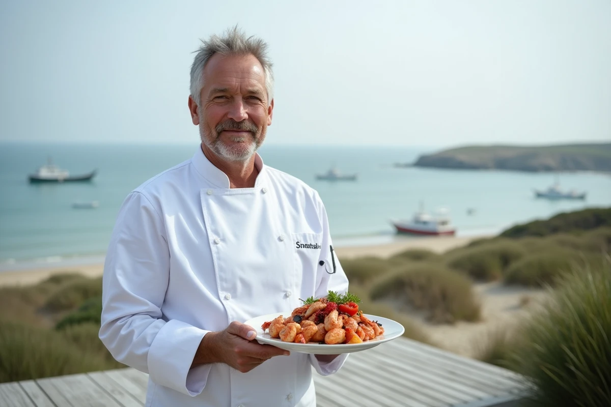 Chef Mathieu Guibert en veste blanche sur une terrasse face à l'Atlantique avec une assiette de fruits de mer bretons et bateaux en fond