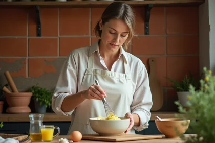 Femme préparant une mayonnaise maison sans moutarde à la main dans un bol en céramique sur un plan de travail en bois rustique