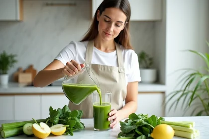 Femme préparant un jus détox vert maison avec des légumes frais sur un plan de travail en marbre dans une cuisine moderne