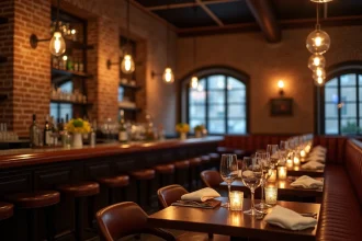 Intérieur élégant d'un grand restaurant américain avec bar en acajou, tables dressées et ambiance raffinée
