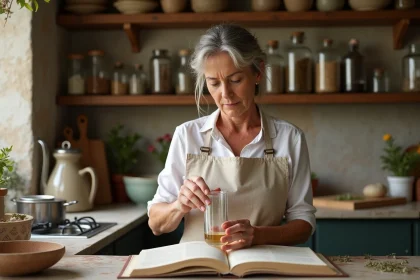 Femme mesurant 10 ml de liquide dans une cuisine française rustique avec des livres de recettes ouverts