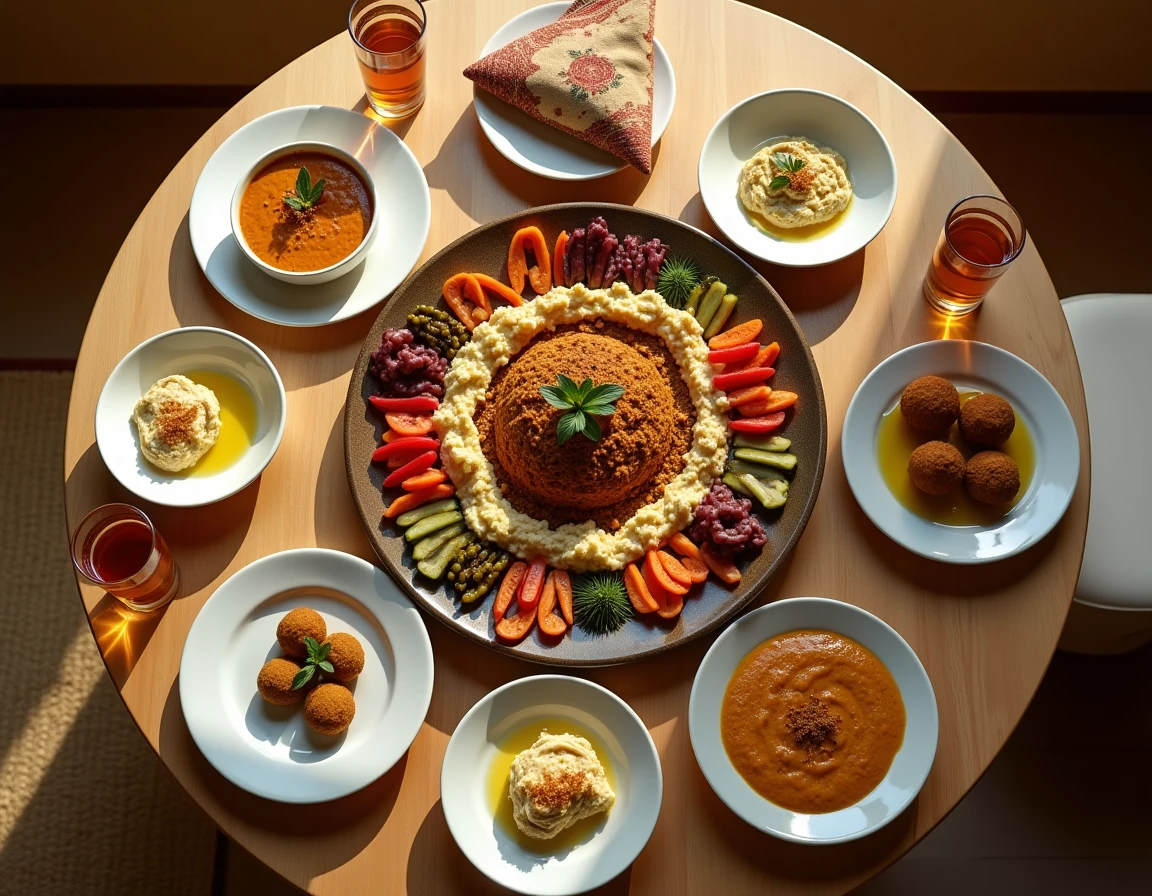 Table égyptienne traditionnelle avec mezze comprenant houmous, ful medames, falafel et pain plat, vue du dessus sur table en bois