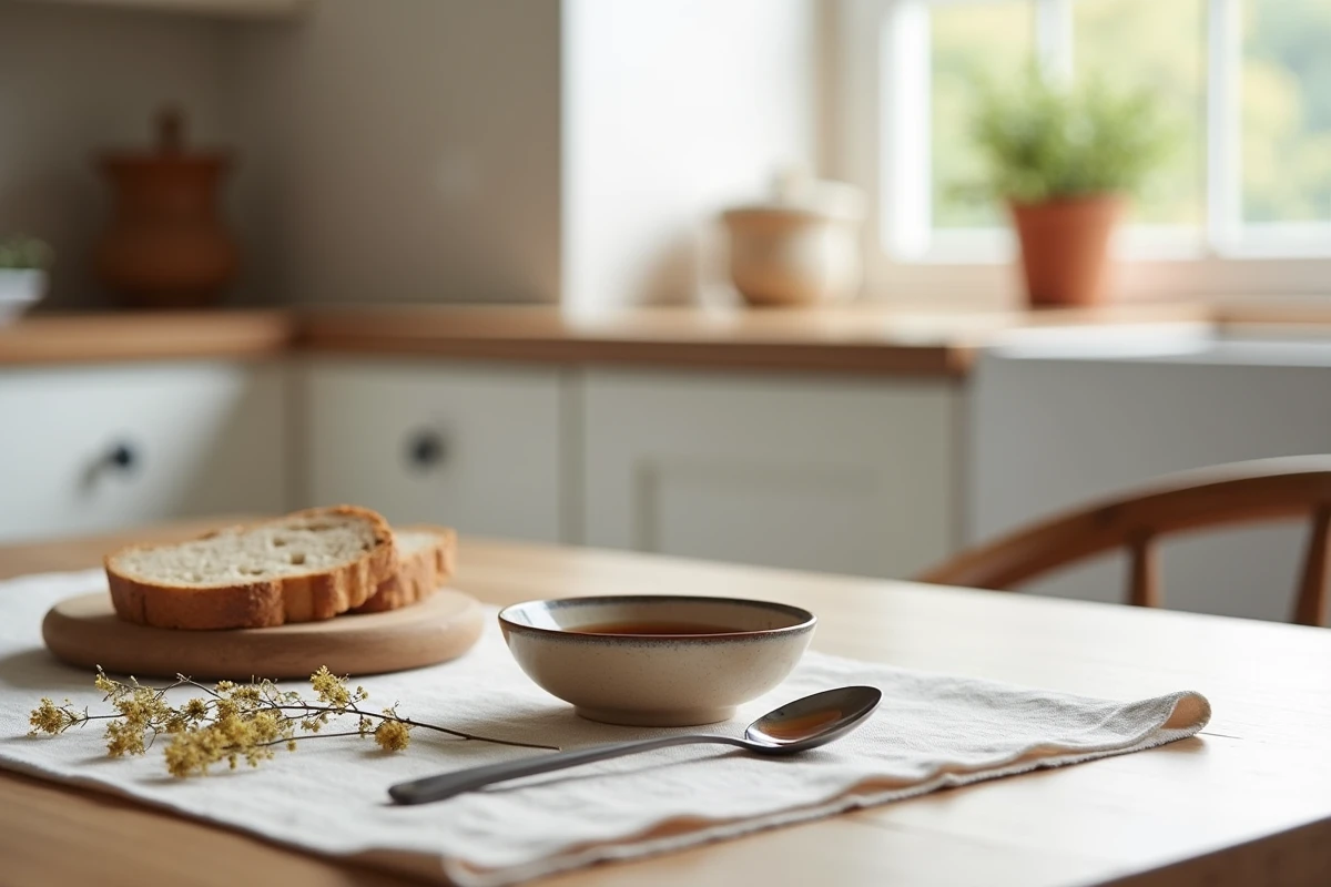 Bol de miel de manuka posé sur une table de petit-déjeuner avec du pain complet, miel parmi les plus riches en propriétés nutritives