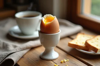 Œuf à la coque dans un coquetier en céramique blanche avec des mouillettes beurrées sur une table en bois au petit-déjeuner