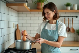 Femme plaçant des œufs dans une casserole d'eau frémissante pour réussir des œufs durs à la maison