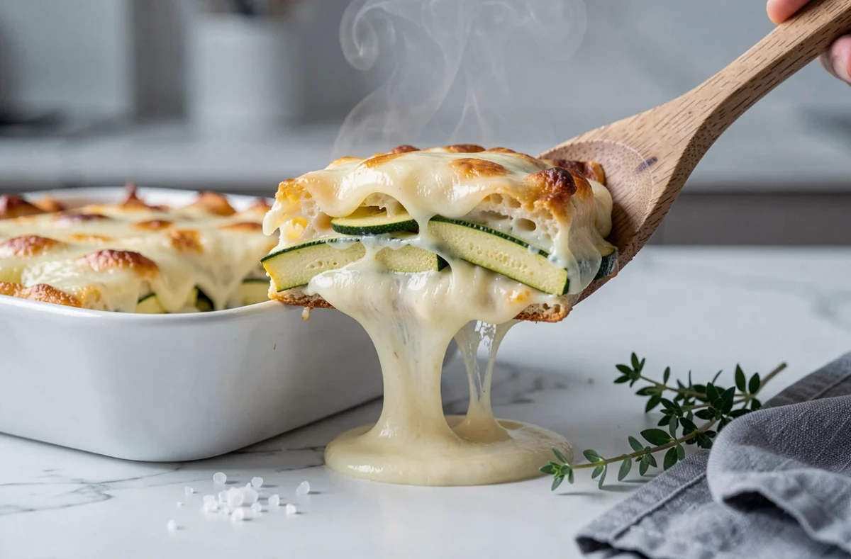 Part de gratin de courgettes soulevée avec une spatule révélant les couches fondantes de courgettes, béchamel et gruyère fondu