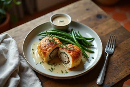 Assiette de paupiettes de veau dorées avec haricots verts et sauce aux champignons sur table en chêne rustique
