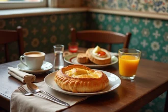 Petit déjeuner portugais traditionnel avec pastel de nata, café bica, tartines et jus d'orange sur une table en bois dans un café lisbonnais