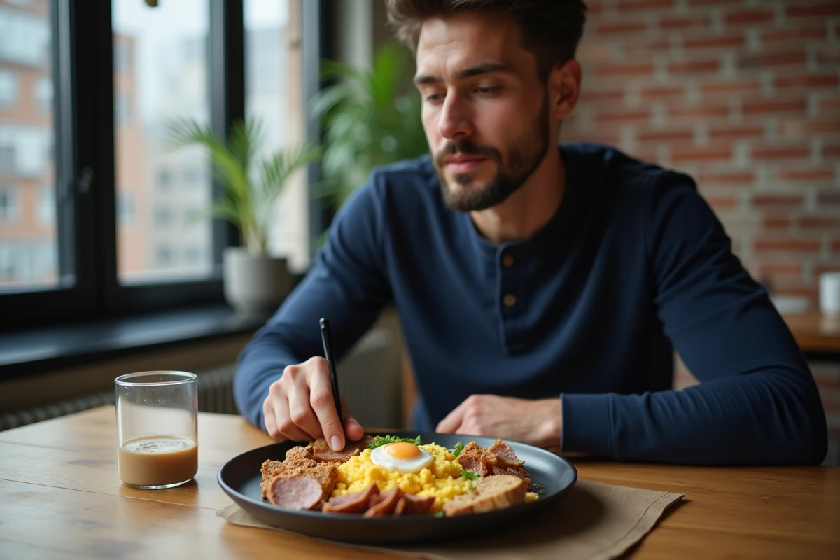 Homme mangeant un petit-déjeuner protéiné avec des œufs brouillés, du fromage blanc et de la charcuterie dans un appartement urbain