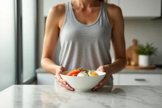 Femme préparant un petit-déjeuner riche en protéines avec des œufs, du saumon fumé et du yaourt grec dans une cuisine moderne