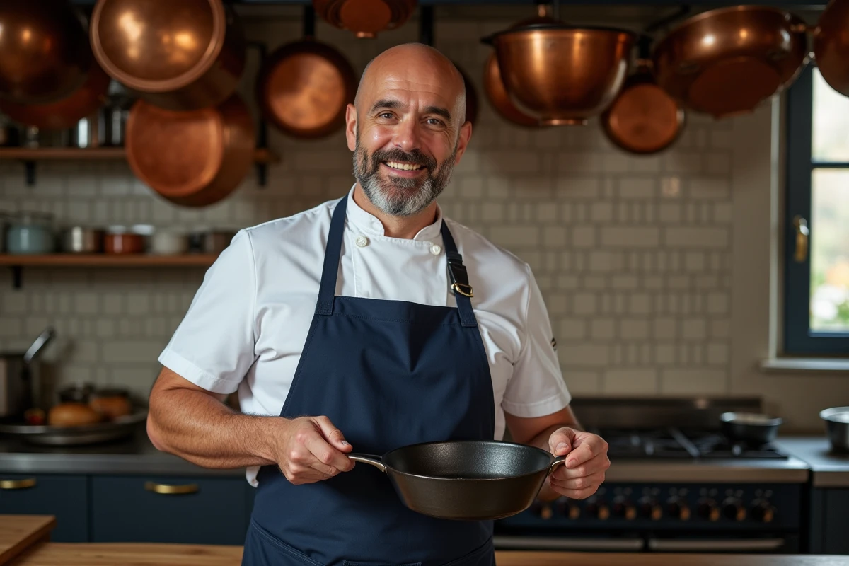 Chef Philippe Etchebest souriant en tablier bleu marine dans une cuisine de brasserie française animée avec poêle en fonte